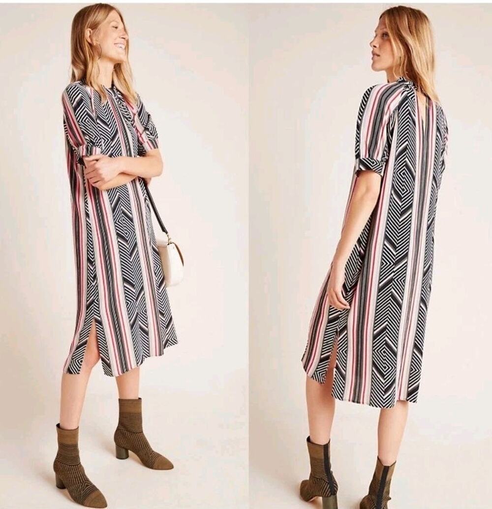 Anthropologie Black, Pink & White Striped Midi Dress
